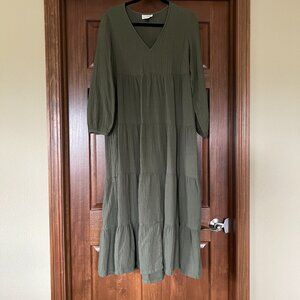 Green Universal Thread Cotton Gauze Long Sleeve Tiered Dress